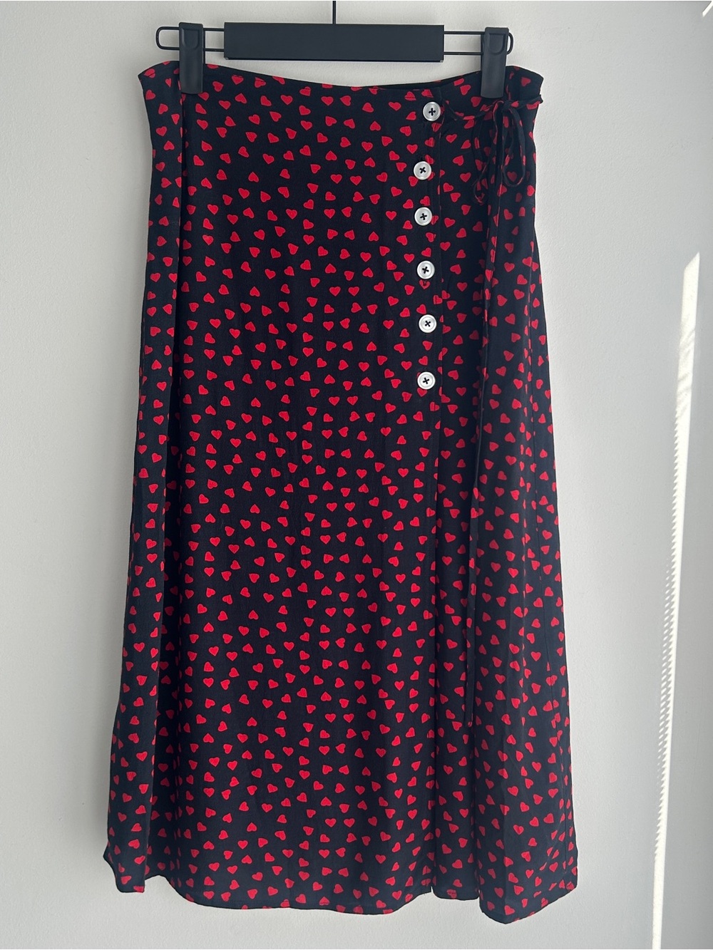 Rouje Black Midi Wrap Skirt with Red Heart Print and Side Buttons